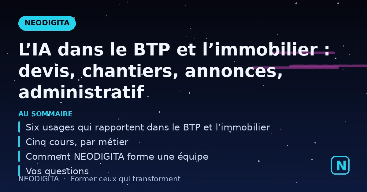 Schéma : L’IA dans le BTP et l’immobilier : devis, chantiers, annonces, administratif