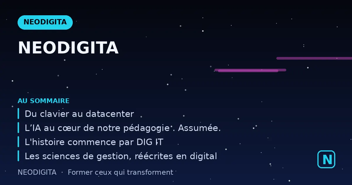 Schéma de la page « NEODIGITA » : Du clavier au datacenter · L’IA au cœur de notre pédagogie . Assumée. · L'histoire commence par DIG IT · Les sciences de gestion, réécrites en digital.